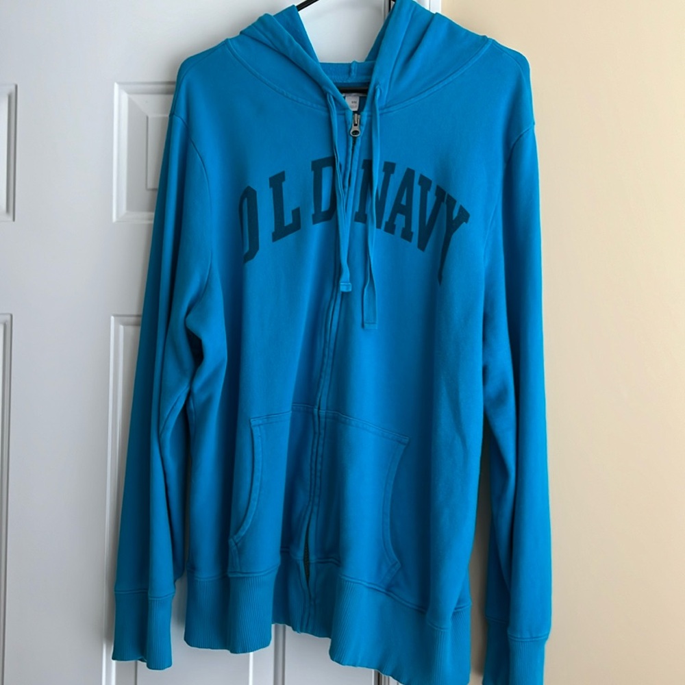 EUC VINTAGE OLD NAVY ZIPPER HOODIE SZ XXL COLOR TEAL WITH DARK BLUE GRAPHICS